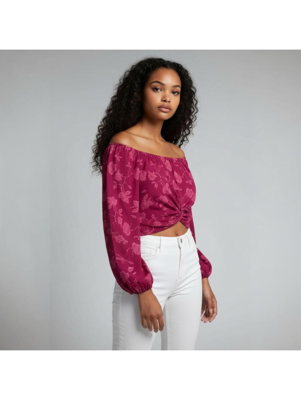 Shades of Rose Pink Isabel Crop Top S Chiffon Floral Boho Smocked Waist Blouse